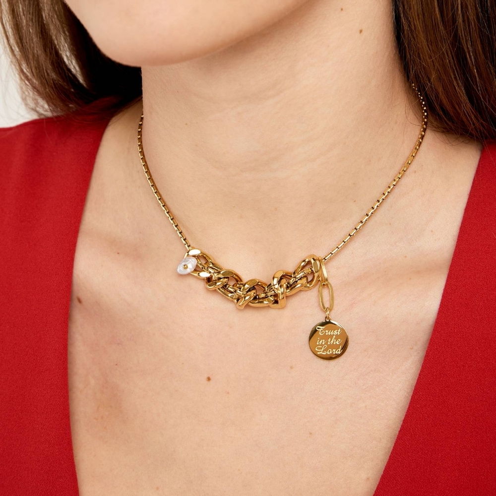18 Karat Gold Plated Stainless Steel Slogan Necklace W/Freshwater Pearl - NWT